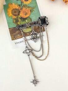 1 件哥特式复古小众时尚黑色宝石水钻星形流苏链胸针，西装装饰配件 - 彩色 - 查看 3