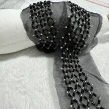 Adorno bordado floral de malla con perlas, encaje de malla bordado floral con cuentas para ropa, bolsos, accesorios de prendas, suministros de costura