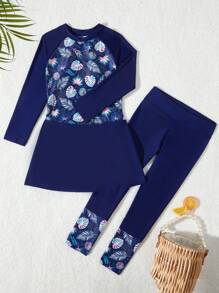 Random Print Long Sleeve Girls Tankini Swimsuit - Navy Blue - View 1