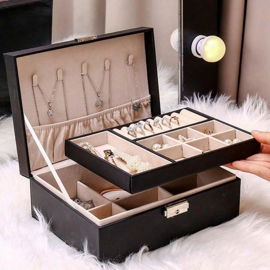 New 2-Layer PU Leather Jewelry Box, Large Capacity Lockable Jewelry Display Case For Earrings, Necklaces, Rings - Multicolor - View 1
