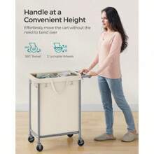 Laundry Basket With Wheels, 3-Section Rolling Laundry Hamper, 52.8 Gallons (200L), Removable Liner, Steel Frame With Handle, Blanket Storage, 35.8 X 15.4 X 31.9 Inches, Cream White URLS005W01