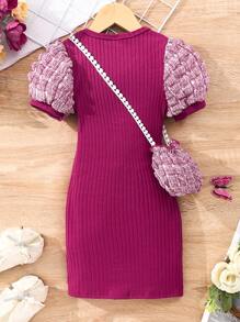 Vestido casual de punto de unicolor de manga corta con textura para niñas [Incluye bolso]