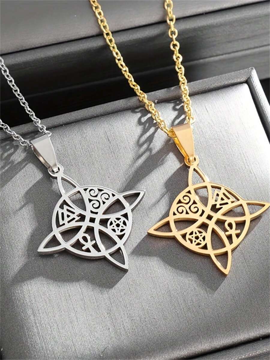 1pc Stainless Steel Witch Knot Pendant Necklace, Irish Celtic Knot Lucky Jewelry, Anniversary Gift For Men & Women - Multicolor - View 1