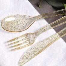 150pcs Transparent Shiny Disposable Cutlery Set, Including 50 Knives, 50 Forks, 50 Spoons, Reusable And Dishwasher Friendly, Ideal For Parties/Birthday/Weddings - Flash Gold - View 5