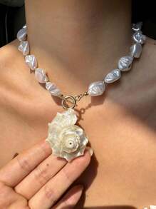 1pc White Asymmetrical Baroque Pearl Natural Large Sea Shell Pendant Necklace, Simple & Versatile Beach Jewelry, Perfect Elegant Summer Vacation Accessory For Women - Multicolor - View 5