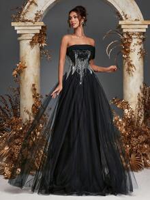 Women's Elegant Strapless Sequins Beads Black Formal Evening Gowns Dress, Beaded Gowns, Wedding Guest Dress Bridesmaid Dresses, For Dinner, Graduation, Festival, Homecoming, Wedding, Spring Summer Outfit, Party Dress, Formal Dress - Black - View 6