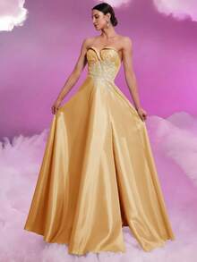 BluePlum Women Heart Shaped Bandeau Floor Length Gown, Elegant Luxury Backless Fitted Formal Party Cocktail Evening Dress With High Slit A-Line Dress, Spring/Summer, Wedding Guest Dress