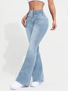 女式单排扣修身弹力牛仔喇叭裤