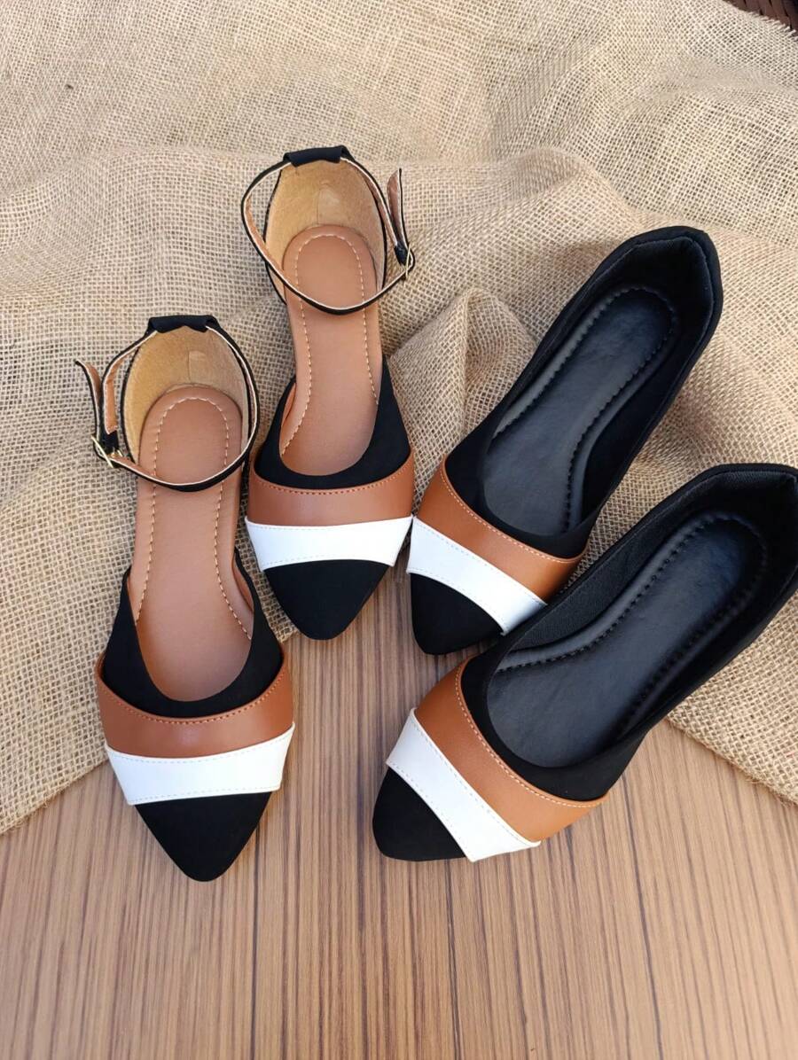 KIT 2 Pairs Salome Sandals Pointed Toe Flats Comfortable Elegant Casual Women's Black White Caramel Jeans Foreign Fashion Promotion - Nhiều màu - Xem 1