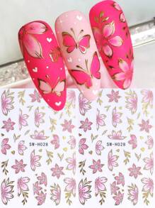 Gold Pink Hibiscus Flower 3D Nail Stickers 2pcs Gradient Cherry Blossom Floral Petals Lines DIY Bronzing Holographic Self-Adhesive Decals Sliders Nail Art Decoration Salon Manicure Nail Supplies