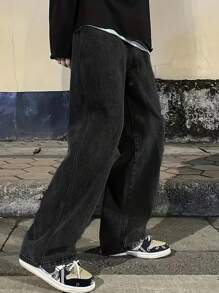 男士宽松休闲松紧腰阔腿牛仔裤，垃圾摇滚