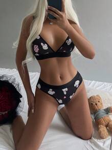 Sanrio [WONDER WORLD]2pcs Printed Women Bra And Elastic Waist Panty Sets - Black - View 6