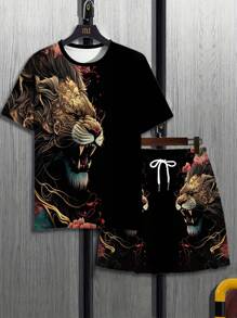1 Set Plus Size Men's Numeric Print Round Neck Short Sleeve T-Shirt And Shorts Set, Casual Sports Style, All-Over Animal Pattern