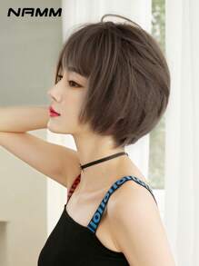 Cold Brown Bob Hair Wigs For Women 12in Short Straight Wig With Bangs,Synthetic Heat Resistant Fiber Wig For Girl Daily Party Use - Brown - View 2