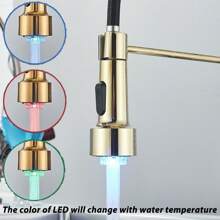 Kitchen Faucet With Pull-Down Sprayer Brushed Gold Finish LED Lighting Single-Handle 1-Hole Or 3-Hole Design Spring-Action Kitchen Sink Faucet Includes Countertop Cover Plate Suitable For Farmhouse Style/RV/Bowl Sinks - Gold - View 3