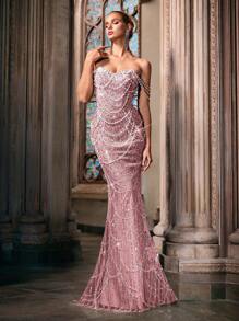 LUVISTRUE Fairy Temperament Pearl Decoration Formal Dress Women Sequins Evening Gown For Graduation Season Prom, Birthday Party, Galas, Cocktail Party, Concert, Award Ceremony Pure Color One Shoulder Floor Length Dresses - Hồng - Xem 6
