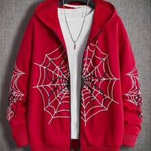 Men Y2K Fashion Hoodie Red Spider Web Print Zip Up Hoodie Clothes Hoodies Goth Long Sleeve Sweatshirt Oversized Top Men Clothing - Red - View 6