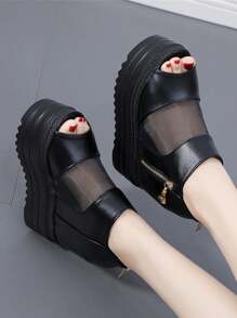 Women's Platform Mesh Sandals, New 2025 Summer Peep-Toe Wedge Heel Comfortable Thick Bottom High Heel Shoes - Black - View 2