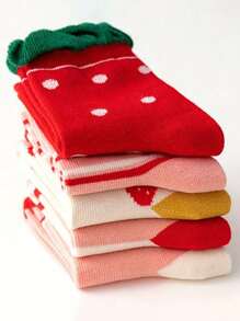 10 Pairs Spring & Summer Strawberry Floral Lace, Heart Print Mid-Calf Socks - Multicolor - View 4