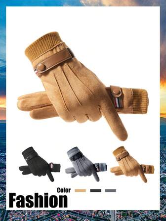 1 Pair Suede Fleece Gloves For Men, Warm And Thick, Suitable For Autumn/Winter, Outdoor, Cycling, And E-Bike Driving