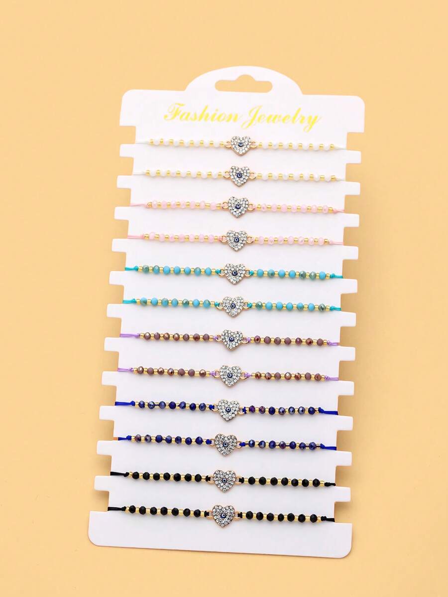 LORRILIA 12 件 Miyuk 恶魔之眼邪眼心形爱心水晶编织手链可调节护身符手链儿童礼物家庭分享装