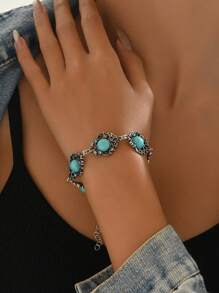 1 peça Pulseira estilo boêmio com design de girassol e flor de abóbora turquesa, pulseira vintage com flor pequena turquesa para mulheres, adequada para uso diário