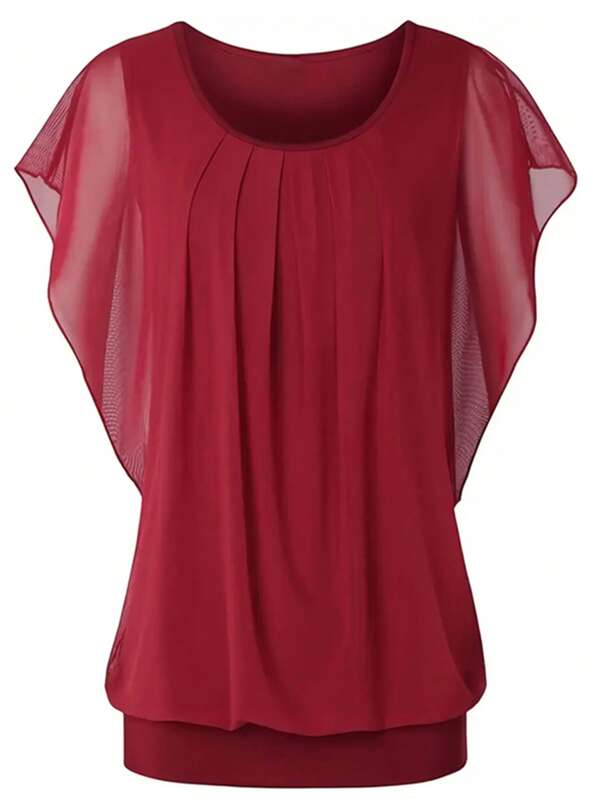 Camisa de malha preta leve feminina, blusa plissada casual de manga curta, poliéster respirável, ideal para primavera/verão/outono, uso semiformal | Gola redonda | Camisa de poliéster