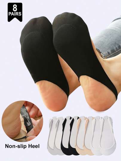 1/4/8 Pairs Ladies Cushioned Heel Hollow Elastic Band Silicone Non-Slip Ultra-Low Cut Boat Socks, No Show Socks, Suitable For Wearing High Heels Or Daily Life