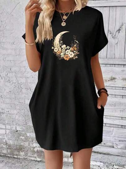 Verano suelto casual señoras vestido corto camiseta impresa con la luna y la flor impresiones