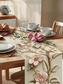 1 pieza, Camino de mesa con estampado floral, decoración estacional para la mesa de la cocina y el comedor en primavera y verano, adecuado para fiestas en interiores y exteriores del hogar
