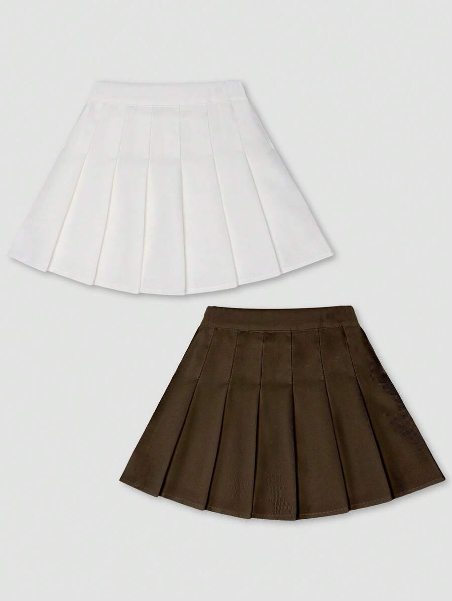 2pcs/Set Tween Girl Collegiate Style White & Brown Pleated Skirt Set - Multicolor - View 1