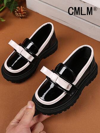 1 Pair Plus Size Black Flat Shoes For Toddler Girls, Solid Color PU Patchwork Strap Bow Round Toe Comfortable Fashion Loafers, Suitable For 3-12 Years Old Girls Daily Casual Wear