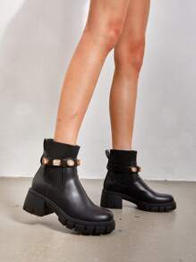 Women's Elastic Chelsea Ankle Booties Fashion Lug Sole Platform Chunky Heel Slip On Fall Heeled Short Boots Shoes - Black - View 3