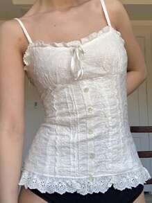 Women Y2k Fairy Grunge Camisole Slim Fit Lace Ruffle Hem Sleeveless Backless Spaghetti Strap Crop Tank Tops With Bow Slim Fit T Shirt Going Out Tops For Teen Girls Vintage Retro Aesthetic Clothes 2000s Summer Streetwear - 白色 - 查看 2