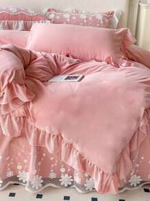 3pcs/Set Pink Ruffle Edge Soft & Comfortable Bedding Set (1 Duvet Cover + 2 Pillow Shams), Suitable For Bedroom And Guest Room - Dusty Pink - View 8