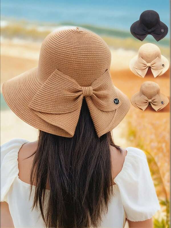 [2025 Neu] Damen Strohhut mit extra großer Schleifen-Verzierung | Breitkrempiger Hut mit UPF 50+ Sonnenschutz | Frühlings-/Sommer-Mode Accessoire für Strand, Reise, Urlaub, Outdoor Aktivitäten | Klassisch Schwarz/Sand/Khaki