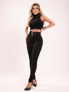 Slim Shaping Pants With Belt And PocketSimpleCasualPolyesterPocketWith Belt - Black - View 3