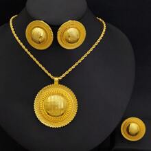 3-Piece Golden Color Jewelry Set: Round Bar Style Earrings, Ring, Necklace Combo, Women Gift For Gathering, Birthday Party