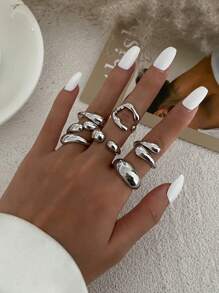 6pcs/Set Vintage Minimalist Alloy Molten Lava Teardrop Design Open Rings, Asymmetrical Fashionable Thick Metal Gold Tone Ring Set, Suitable For Women's Daily Commute, Holiday Gifts, Party Decoration, Charming Jewelry Gift Set