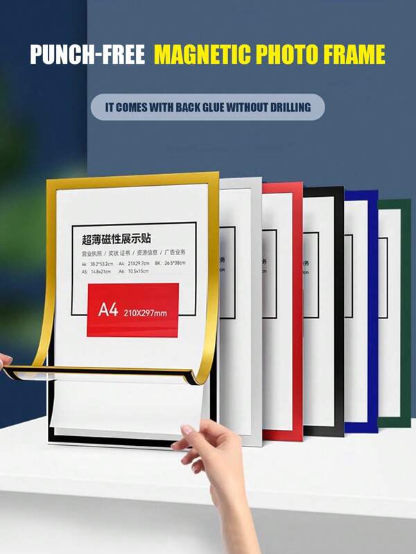1 cadre photo magnétique avec autocollant magnétique d'affichage auto-adhésif, sans besoin de percer. Autocollant magnétique pour afficher des certificats, photos et portraits. Convient pour les certificats de récompense, photos, portraits, recrutement et autres autocollants d'affichage.