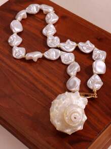 1pc White Asymmetrical Baroque Pearl Natural Large Sea Shell Pendant Necklace, Simple & Versatile Beach Jewelry, Perfect Elegant Summer Vacation Accessory For Women - Multicolor - View 6