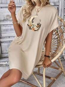 Summer Loose Casual Ladies Short T-Shirt Dress Printed With Moon And Flower Prints