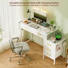 Home Office Desk/Computer Table , With 5 Drawers , 2 White Hooks , 100x45x78cm, Large Capacity, Strong Load-Bearing Capacity - White - View 3