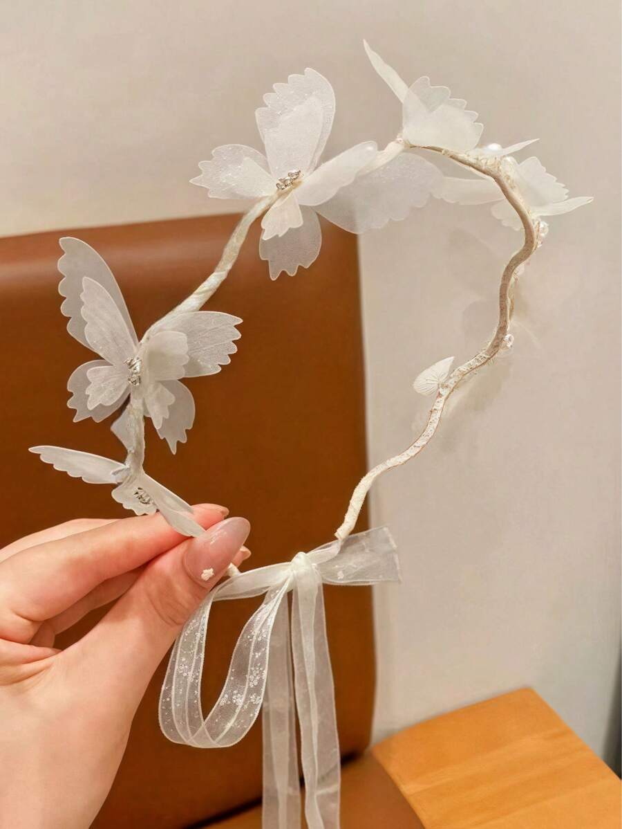 1pc Fashionable Cute Pearl Butterfly Headband - Beige - View 1