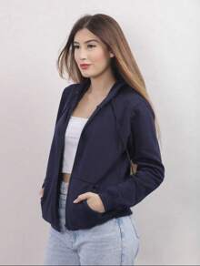 Casual Sweatshirt Blouse OVERSIZE 2025 Open Blouse With Zipper And Hood Cold Women's Clothing - Màu xanh hải quân - Xem 4