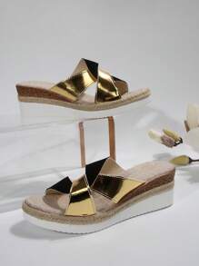 Damen Plateau Sandalen, farblich abgesetzter Keilabsatz Slip-On, lässige High Heel Pantoletten für den Sommer