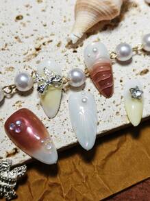 10 Pcs In 1 Pack Girly Marine Press On Nails - Shell Bow Pearl Almond Medium Red Brown White Nail Set - Multicolor - View 3