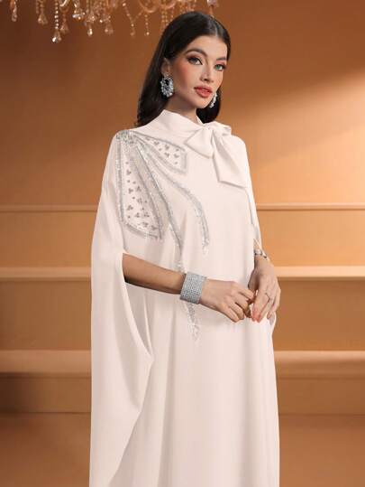 Women's Solid Color Bowknot Heavy Beading Embroidery Shoulder Applique Elegant Arabic Abaya Dress, Modest Kaftan