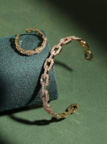 rakol Set 2 Buah Cincin & Gelang Dekorasi Zirkonia Kubik Asimetris Bergaya - Emas - View 2