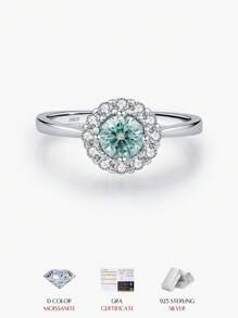 MODIAN D 色绿青色莫桑石光环戒指 925 纯银优雅指环女士婚礼精美珠宝 - 銀色 - 查看 2